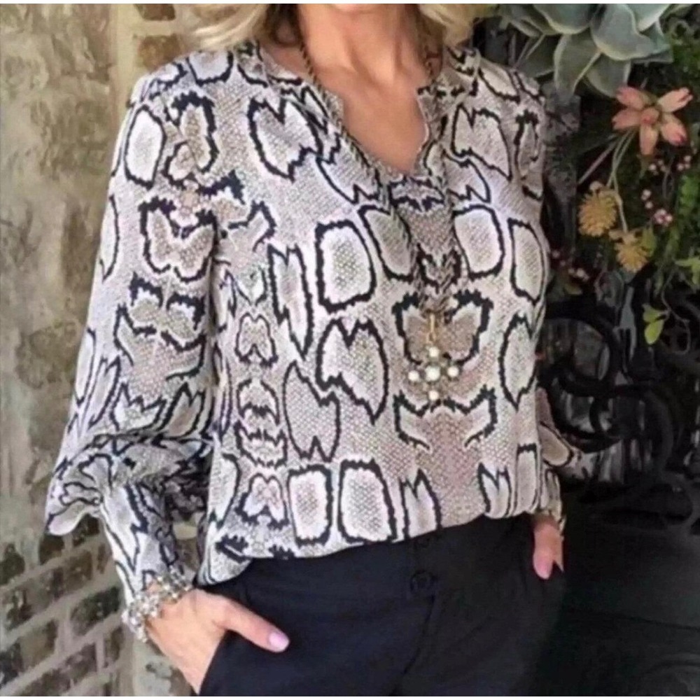 Cabi Blouse Snake Print V-Neck Ruffle Cuff Top